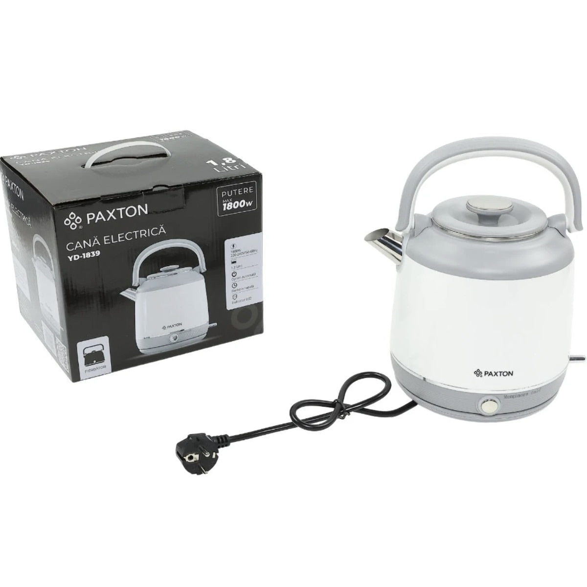 Fierbator apa electric, Paxton, 1800 W, 1.8 litri, baza rotativa de 360 grade, oprire automata, mentinere cald, maner ergonomic, marcaj nivel apa, indicator LED, alb gri, 1.2 kg, 25x19x29 cm, 230V