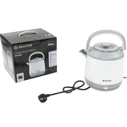 Fierbator apa electric, Paxton, 1800 W, 1.8 litri, baza rotativa de 360 grade, oprire automata, mentinere cald, maner ergonomic, marcaj nivel apa, indicator LED, alb gri, 1.2 kg, 25x19x29 cm, 230V