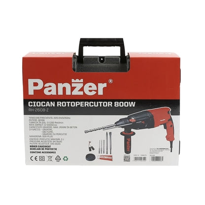 Ciocan rotopercutor Panzer, 800 W, cu cablu, 1150 rpm, SDS-plus, cu valiza, 3 burghie, 1 dalta si 1 spit