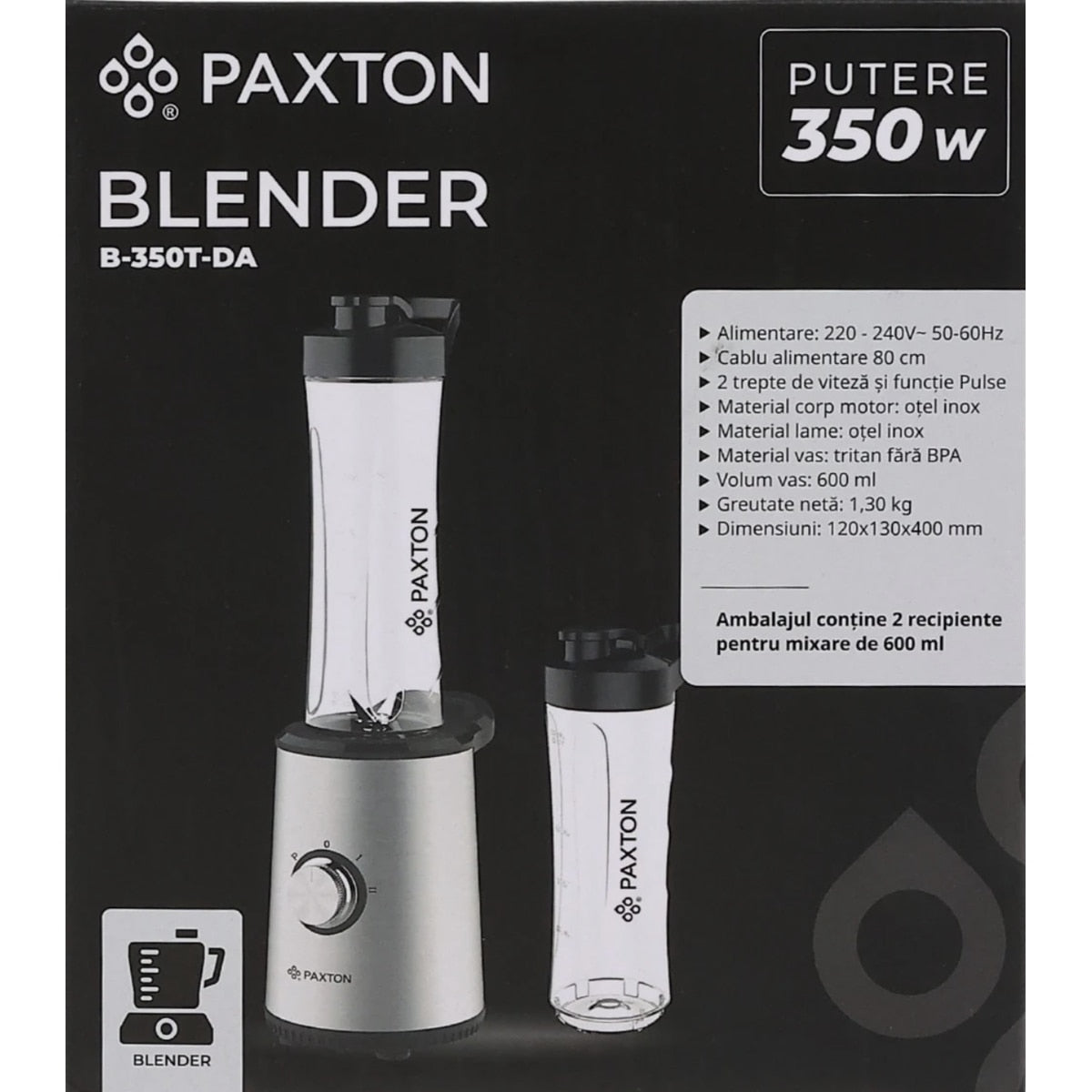 Blender, Paxton, 350 W, 2 trepte de viteza, 0.6 litri, functie Pulse, lama inox, include 2 recipiente sport to go, 2 capace etanse pentru baut argintiu, antialunecare, 1.3 kg, cablu 0.8 m, 230V