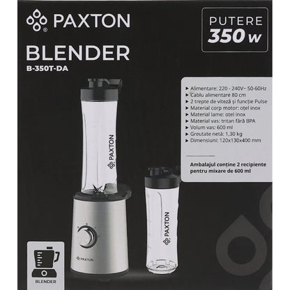 Blender, Paxton, 350 W, 2 trepte de viteza, 0.6 litri, functie Pulse, lama inox, include 2 recipiente sport to go, 2 capace etanse pentru baut argintiu, antialunecare, 1.3 kg, cablu 0.8 m, 230V