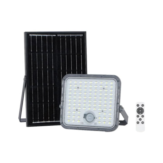 Proiector solar cu LED, 30 W, 4200 lm, lumina rece, 6500K, cu telecomanda si senzor de miscare PIR, gri, IP65, exterior, 2 acumulatoare, 6 ore incarcare, 12 ore iluminare, 30.000 ore medie de viata