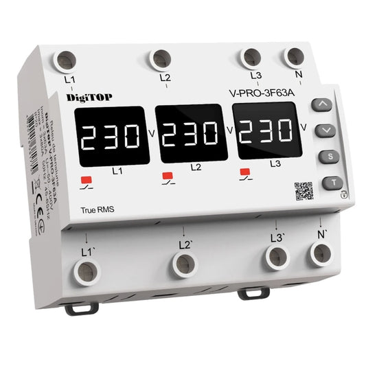Releu protectie tensiune, DigiTop, trifazat, 380 V, 63 A nominal, 80 A maxim, 90 x 105 x 67 mm, 400 g, 4 contacte NC, functionare -25 +50 grade, IP20, 0.02 s oprire, 4 poli 14 kW, 6 module