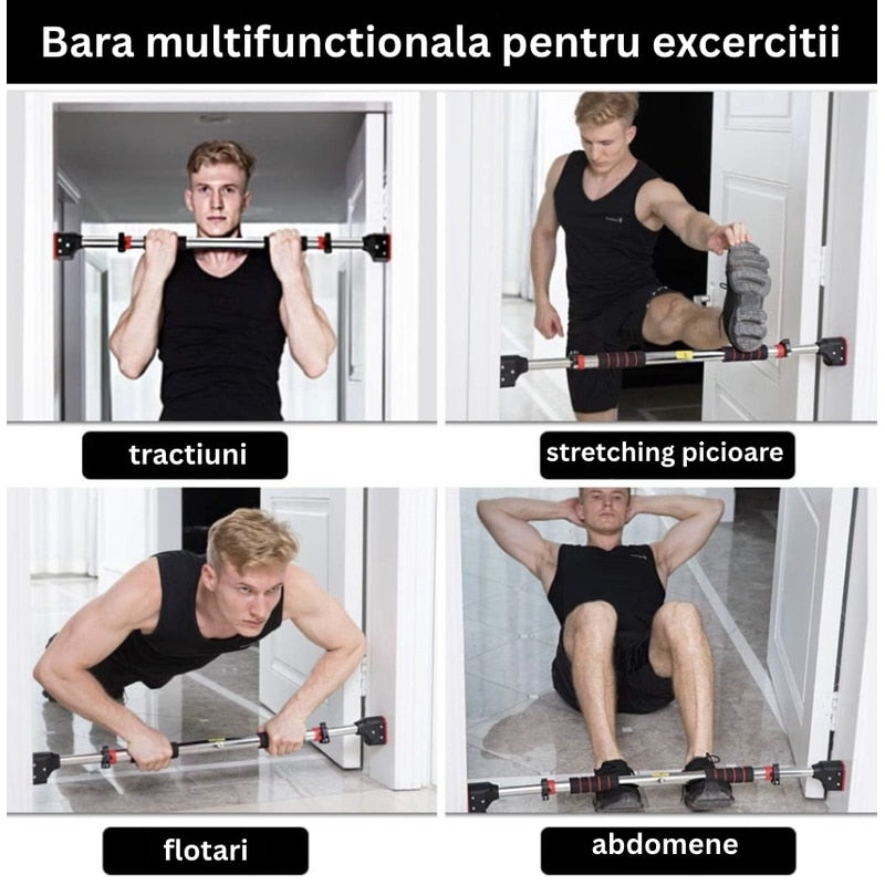 Bara tractiuni telescopica cu prindere pe usa, 4 in 1, reglabila 72-98 cm compatibil majoritatea usilor, fara gauri in pereti, simplu de montat apartament, NETERRA, Sarcina 200 kg max, Negru rosu