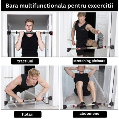 Bara tractiuni telescopica cu prindere pe usa, 4 in 1, reglabila 72-98 cm compatibil majoritatea usilor, fara gauri in pereti, simplu de montat apartament, NETERRA, Sarcina 200 kg max, Negru rosu