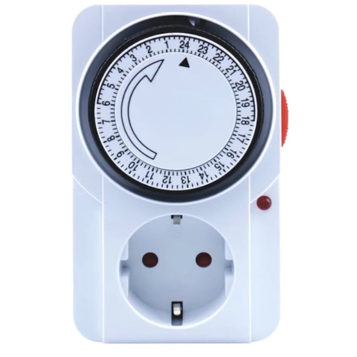 Priză programabilă mecanică, alb, interior, 16 A, 3680W, dimensiuni, interval programare la fiecare 15 minute, 48 de comutari pe zi, setare cicluri ON OFF 24 de ore, 80x75x125mm