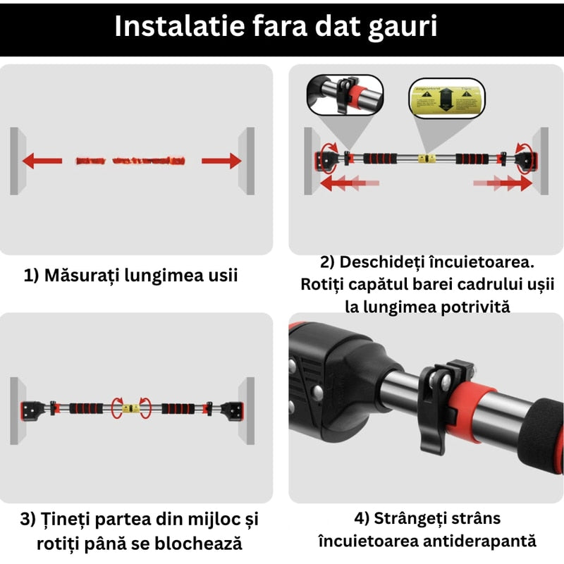 Bara tractiuni telescopica cu prindere pe usa, 4 in 1, reglabila 72-98 cm compatibil majoritatea usilor, fara gauri in pereti, simplu de montat apartament, NETERRA, Sarcina 200 kg max, Negru rosu