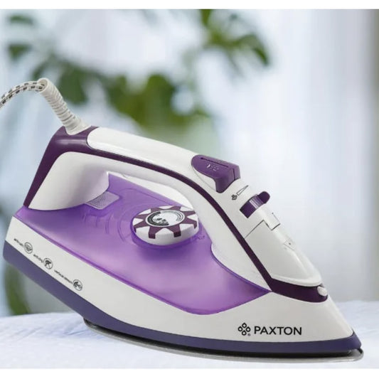 Fier de calcat Paxton, 2500 W, talpa ceramica, 0.3 l, 0.8 g/min, sistem auto-curatare, termostat reglabil, abur vertical, sistem anti-calcar, sistem anti-picurare, alb cu mov, cablu 1.9 m, 1.3 kg