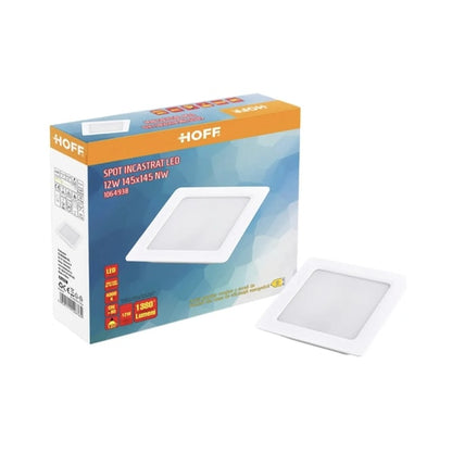 Spot LED incastrat Hoff, 12 W, 1380 lm, patrat, lumina neutra, 4000K, alb, latura de 14.5 cm 20.000 ore dura viata medie, 220V