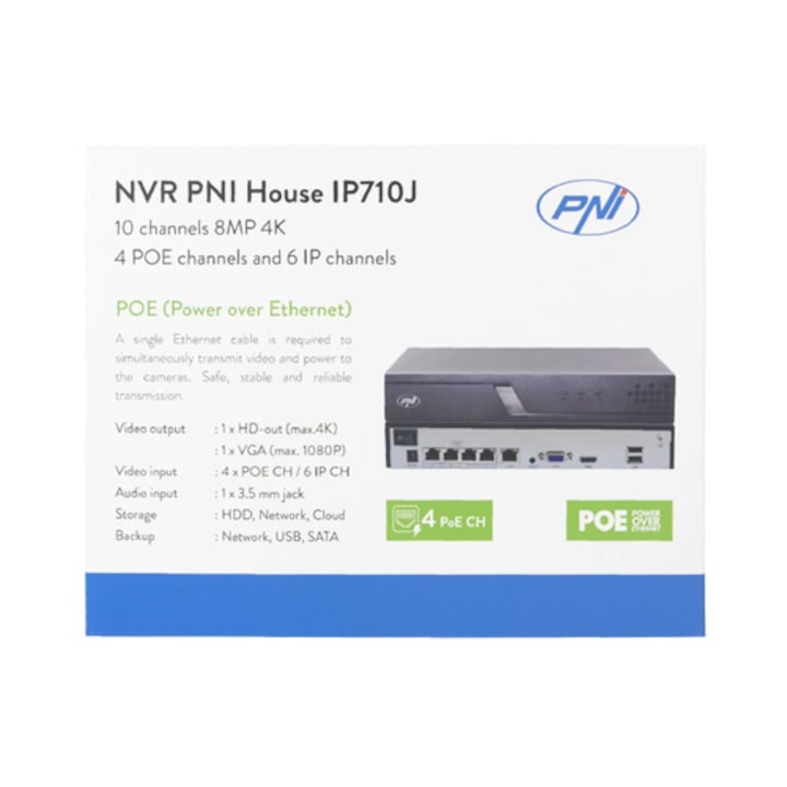 NVR PNI House pentru camere de supraveghere, 10 canale 4K 8MP, 4 canale POE si 6 canale IP, negru