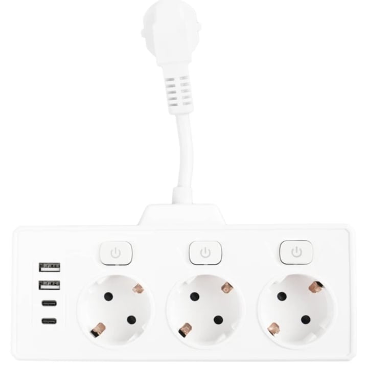 Prelungitor 3 prize, 2 USB, 2 USB-C, 3 x 1.5 mmp, contact de protectie, 3680W, intrerupator individual, alb