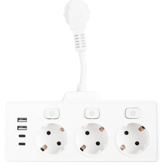 Prelungitor 3 prize, 2 USB, 2 USB-C, 3 x 1.5 mmp, contact de protectie, 3680W, intrerupator individual, alb