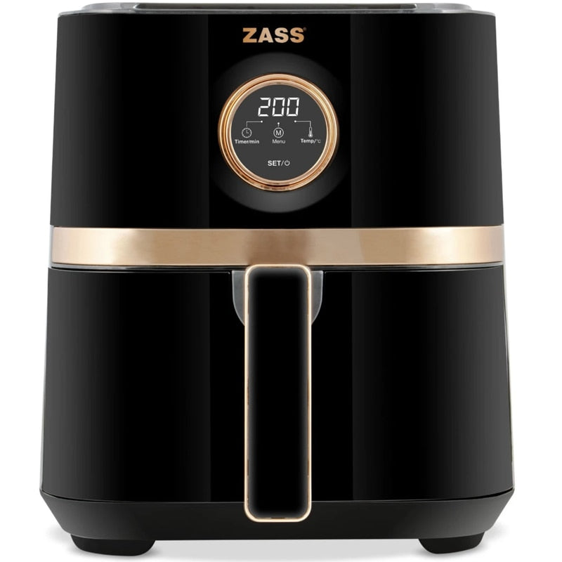 Friteuza cu aer cald, airfryer, Zass, 1450W, 5 litri, 8 programe, oprire automata, digital, vas antiaderent, termostat reglabil, maner termoizolant, negru si auriu, 3.8kg, cablu 0.6m, 27 x 31 x 33 cm