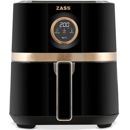 Friteuza cu aer cald, airfryer, Zass, 1450W, 5 litri, 8 programe, oprire automata, digital, vas antiaderent, termostat reglabil, maner termoizolant, negru si auriu, 3.8kg, cablu 0.6m, 27 x 31 x 33 cm