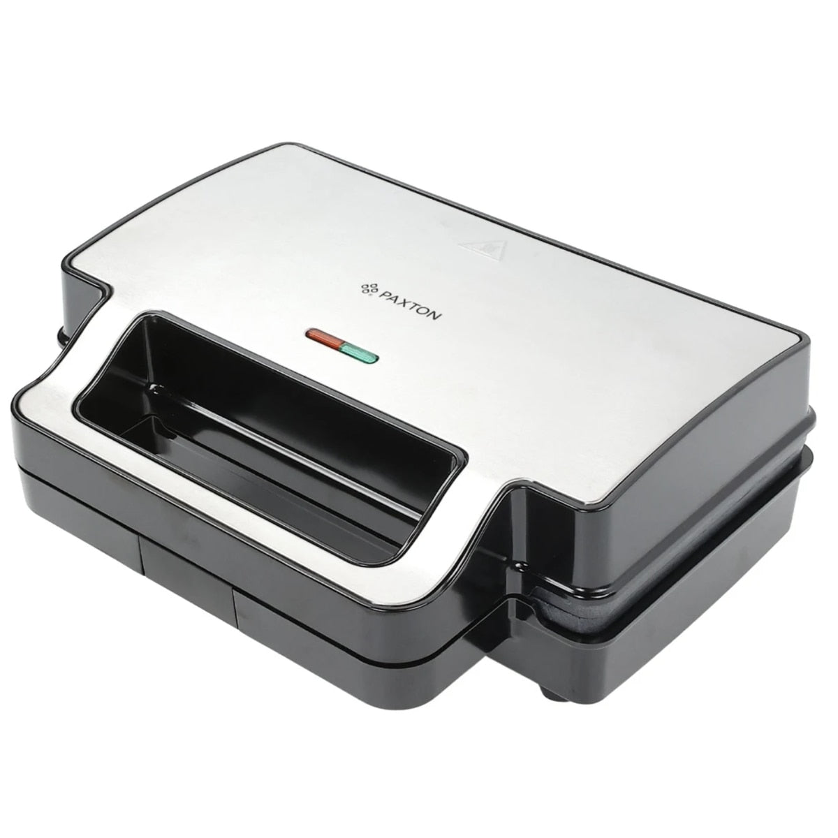 Sandwich maker, Paxton, 1000W, 4 in 1, grill, gofre, sandwich, indicatoare luminoase, carlig de inchidere, depozitare verticala, dimensiune placi de lucru, argintiu negru, antiaderent, 28.5 x 15.3 cm