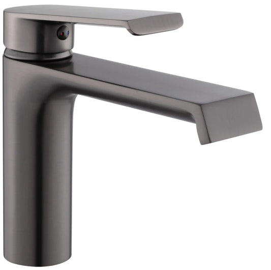 Baterie baie pentru lavoar, Kadda Girard, montaj stativ, monocomanda, finisaj gri periat, ventil inclus, 10 l/min, pipa medie 16 cm inaltime, actionare manuala, include furtun flexibil, racorduri