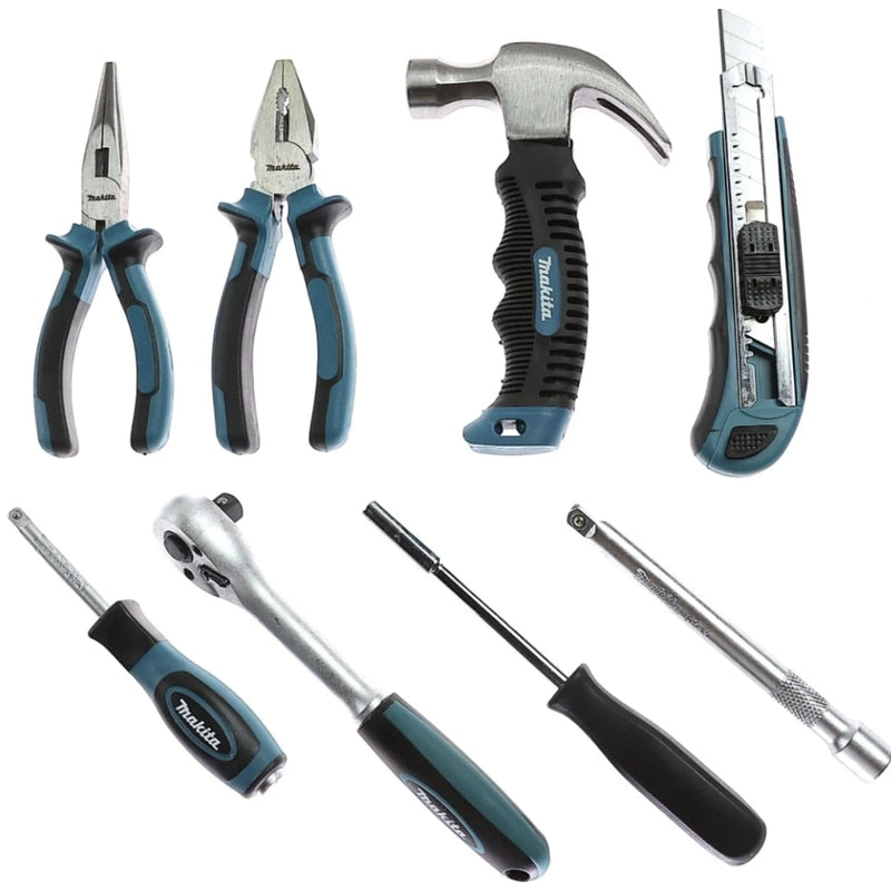 Trusa scule de mana, Makita, 76 piese, material crom vanadiu, cleste combinat, cu varf ascutit, pentru dulgherie, cutter, maner de surubelnita, cheie tubulara, adaptor patrat, articulatie universala