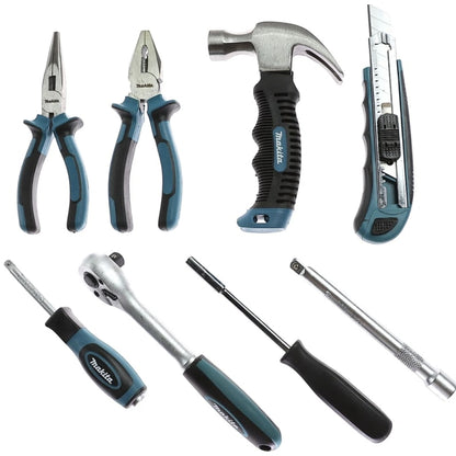 Trusa scule de mana, Makita, 76 piese, material crom vanadiu, cleste combinat, cu varf ascutit, pentru dulgherie, cutter, maner de surubelnita, cheie tubulara, adaptor patrat, articulatie universala