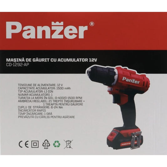 Masina de gaurit si insurubat, cu 1 acumulator inclus, 12 V, 1.5 Ah, Panzer, 1500 rpm, mandrina rapida, cu valiza, 2 trepte viteza