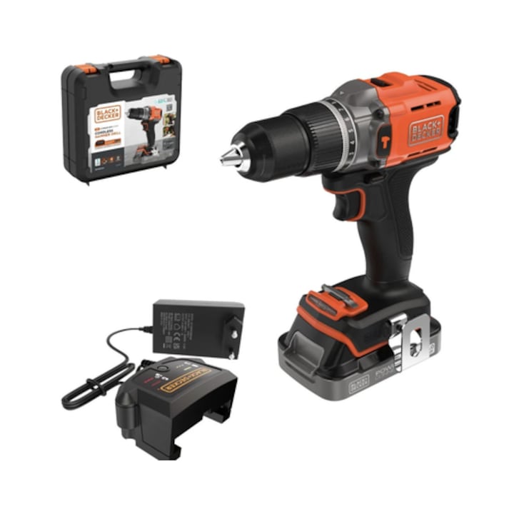 Masina de gaurit si insurubat cu percutie Black Decker, 18 V, 2 Ah, mandrina rapida, cu valiza
