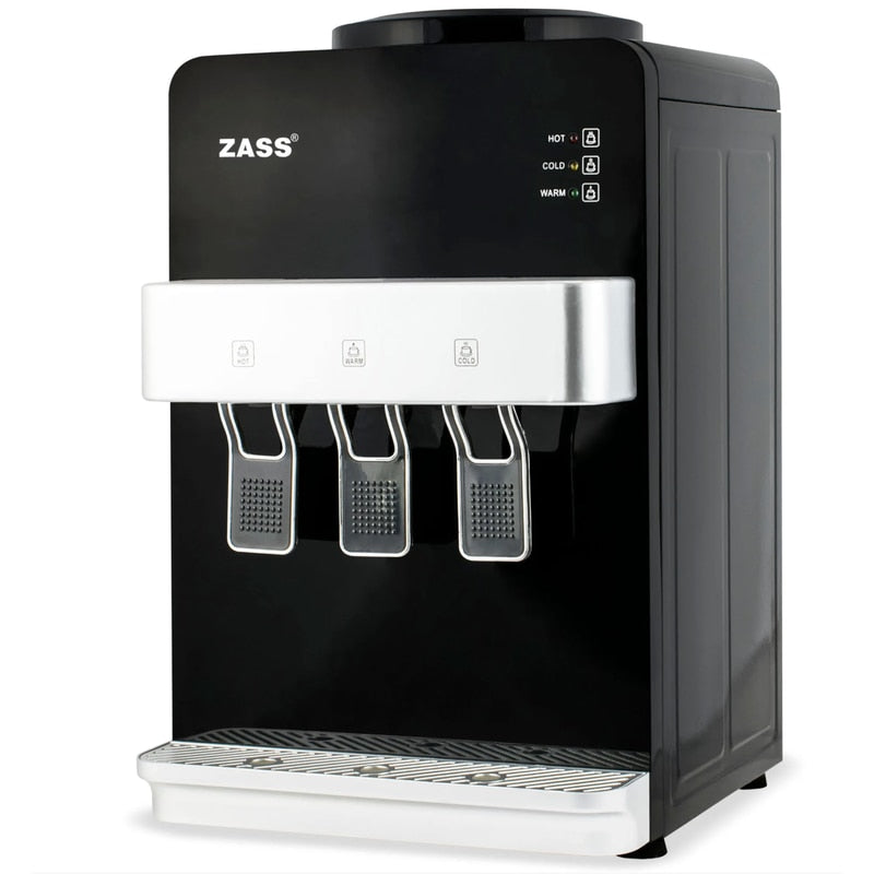 Dozator de apa Zass, putere incalzire 550 W, putere racire 50 W, indicatoare LED pentru apa calda si rece, termostat automat, negru, bidon superior 11 / 19 l, silentios, simplu, tava colectare apa