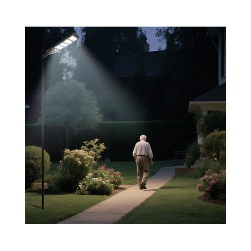 Corp de iluminat solar stradal LED Hoff, 15 W, 2800 lm, lumina rece, negru, cu senzor PIR si telecomanda, 622x251x47mm, autonomie 25.000 ore, 14 ore functionare continua
