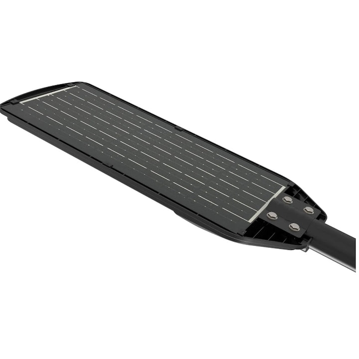 Corp de iluminat solar stradal LED Hoff, 12 W, 2200 lm, lumina rece, negru, cu senzor PIR si telecomanda, 25.000 ore autonomie, 12 ore functionare