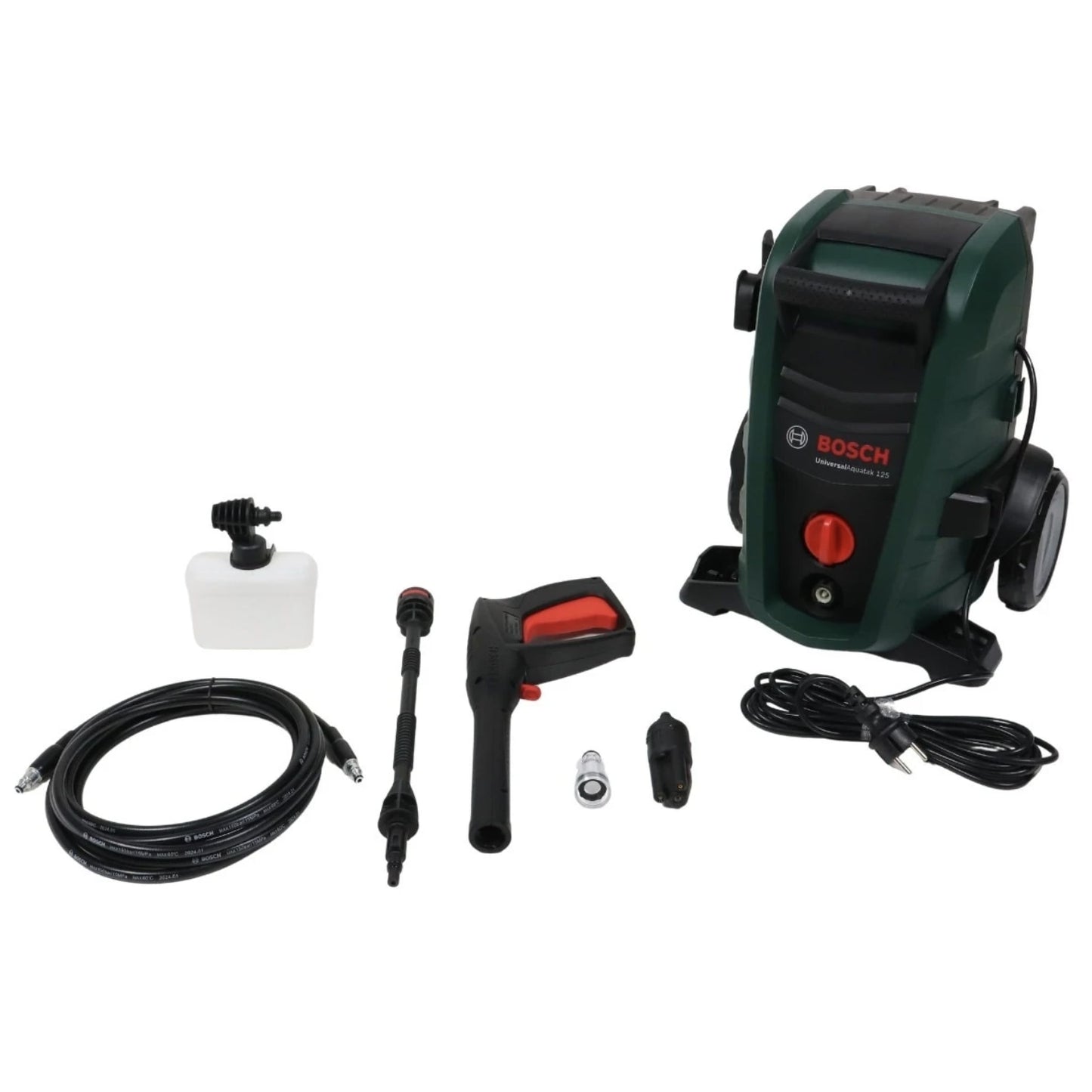 Aparat de spalat cu presiune, Bosch, 1500 W, 360 l/h, 125 bari, furtun 5 m + kit accesorii, duza 3 in 1 jet, indeparteaza murdaria persistenta pe terase, alei, masini, mobilier gradina, autoturisme