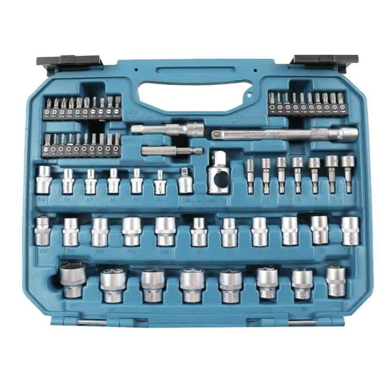 Trusa scule de mana, Makita, 76 piese, material crom vanadiu, cleste combinat, cu varf ascutit, pentru dulgherie, cutter, maner de surubelnita, cheie tubulara, adaptor patrat, articulatie universala