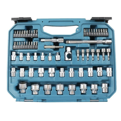 Trusa scule de mana, Makita, 76 piese, material crom vanadiu, cleste combinat, cu varf ascutit, pentru dulgherie, cutter, maner de surubelnita, cheie tubulara, adaptor patrat, articulatie universala
