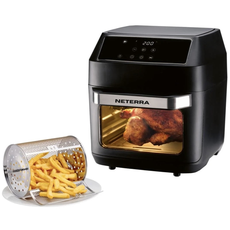 Friteuza cu aer cald NETERRA, 9 in 1, air fryer multifunctional gatit rapid, sanatos, aer fierbinte, 1800 W, 12 l, carne, legumelor, pizza, snackuri si deserturi, 9 functii gatire, 36 x 33 x 35 cm