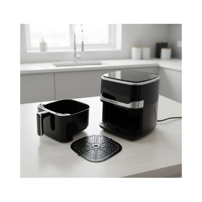Friteuza cu aer cald, airfryer, Paxton, 1400 W, 5 litri, lumina interioara, timer, afisaj digital tactil, termostat reglabil, interval temperatura 80 la 200 grade, 7 programe, negru