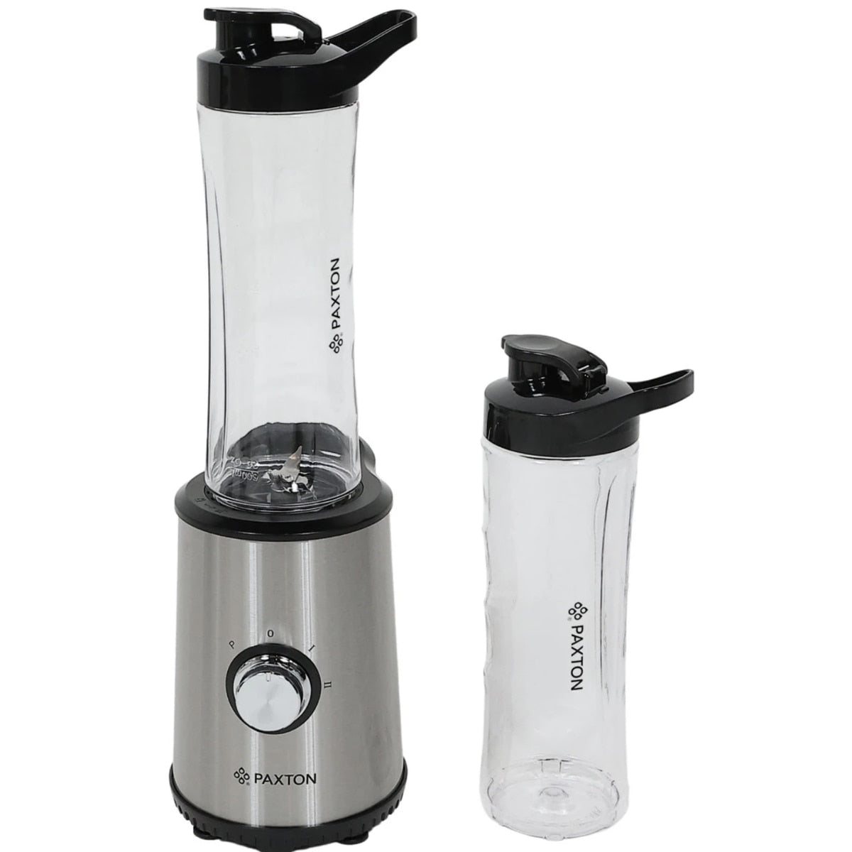 Blender, Paxton, 350 W, 2 trepte de viteza, 0.6 litri, functie Pulse, lama inox, include 2 recipiente sport to go, 2 capace etanse pentru baut argintiu, antialunecare, 1.3 kg, cablu 0.8 m, 230V