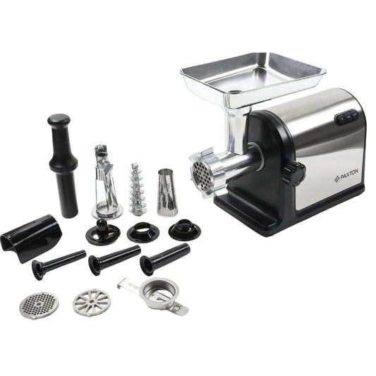 Masina de tocat carne electrica, Paxton, 1 viteza, functie Reverse, 2.8 kg/min, 3000 W, argintiu si negru, accesoriu carnati, accesoriu kibbe, accesoriu suc rosii, accesoriu piscoturi, 5.2 kg, 0.8 m
