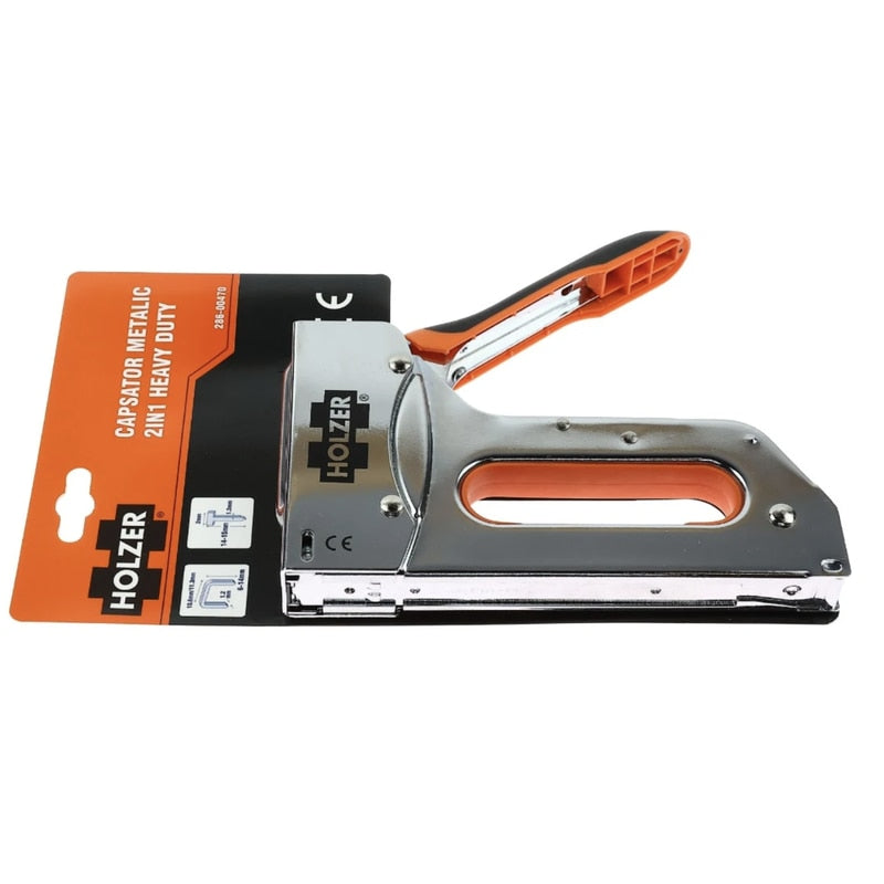 Capsator manual, Holzer, metal, 2 in 1, folosit pentru prinderea materialelor textile, folii, panouri subtiri sau alte aplicatii de fixare, robusta, rezistenta, 0.8 kg, manevrare usoara, capse, cuie