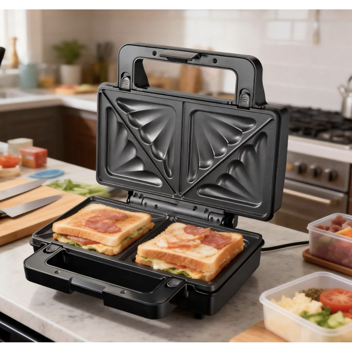 Sandwich maker, Paxton, 1000W, 4 in 1, grill, gofre, sandwich, indicatoare luminoase, carlig de inchidere, depozitare verticala, dimensiune placi de lucru, argintiu negru, antiaderent, 28.5 x 15.3 cm