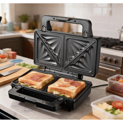Sandwich maker, Paxton, 1000W, 4 in 1, grill, gofre, sandwich, indicatoare luminoase, carlig de inchidere, depozitare verticala, dimensiune placi de lucru, argintiu negru, antiaderent, 28.5 x 15.3 cm
