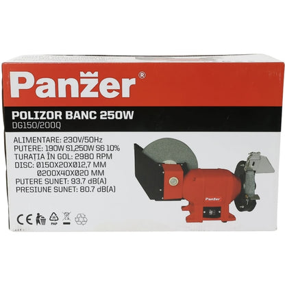 Polizor de banc Panzer, 250W, 2950rpm, 150mm, polizare uscata si umeda, scut de protectie pentru ochi, ideal pentru ascutirea cutitelor, daltilor si altor scule de taiere, 230V, ventilare racire
