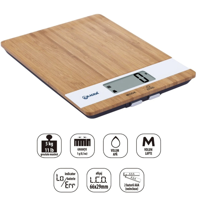 Cantar de bucatarie Kadda, capacitate 5 kg, digital, ecran LCD, baterii 2 x AAA, suprafata lemn bambus, semnalizare supraincarcare, maro, 427 g, capacitate 5 kg, eroare de 1 g