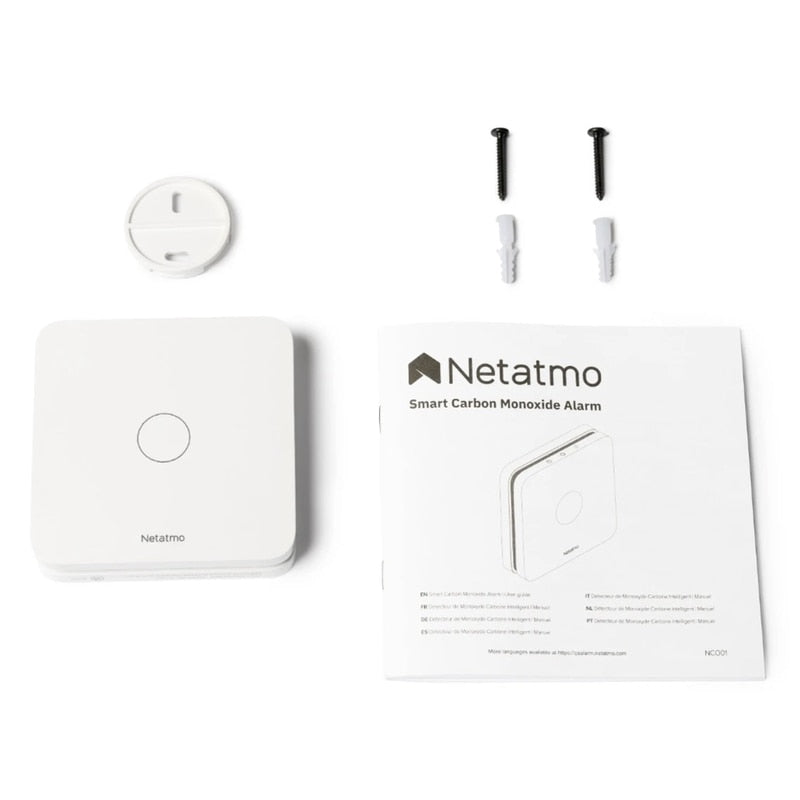 Detector monoxid de carbon Netatmo, alarma 85 db, Wi-Fi, alimentare baterii, alb, rezista de la -10 la +40 grade, 85 dB, Baterii incluse durata 10 ani, 3V, include suport perete, 2 suruburi, 2 ancore