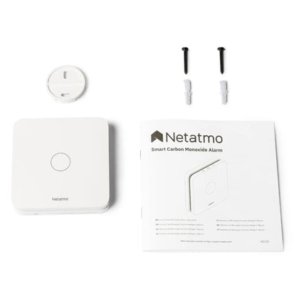 Detector monoxid de carbon Netatmo, alarma 85 db, Wi-Fi, alimentare baterii, alb, rezista de la -10 la +40 grade, 85 dB, Baterii incluse durata 10 ani, 3V, include suport perete, 2 suruburi, 2 ancore