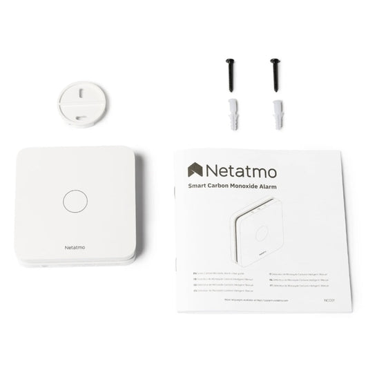Detector monoxid de carbon Netatmo, alarma 85 db, Wi-Fi, alimentare baterii, alb, rezista de la -10 la +40 grade, 85 dB, Baterii incluse durata 10 ani, 3V, include suport perete, 2 suruburi, 2 ancore