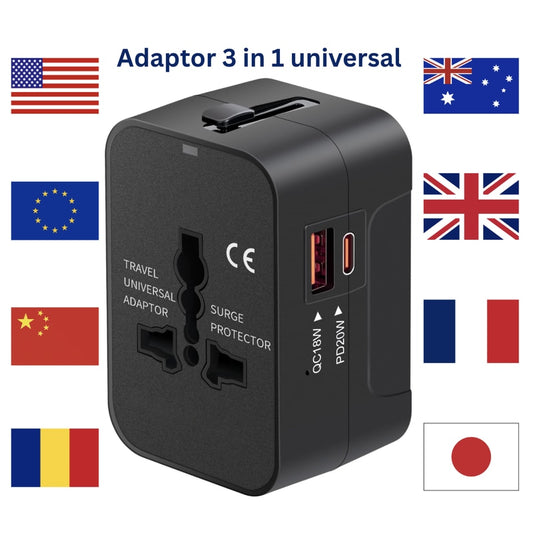 Incarcator de calatorie, universal, adaptor multifunctional cu 2 porturi, 1 priza, 1 USB, 1 USBC, international, SUA, UK, Europa, Australia, 150 tari, 100-250V, 2000W, negru