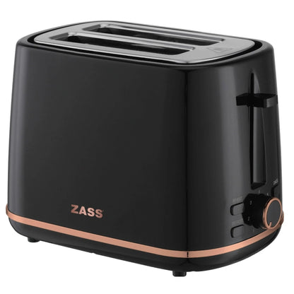 Prajitor de paine Zass, 930W, 2 felii, 7 trepte, functie ridicare felii, dezghetare, reincalzire, anulare, tava firimituri, protectie supraincalzire, antialunecare, negru cu auriu, 1kg, 0.6m