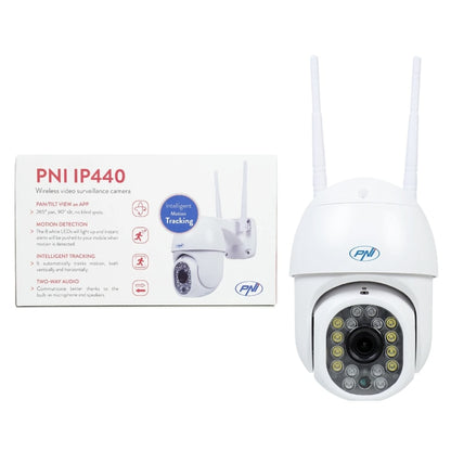 Camera de supraveghere smart, IP66, inteligenta PNI, 4MP, Wi-Fi, wireless, rotativa, slot micro SD, alarma detectare miscare, zoom, interior, exterior, Ethernet, temperaturi -26 pana la +80