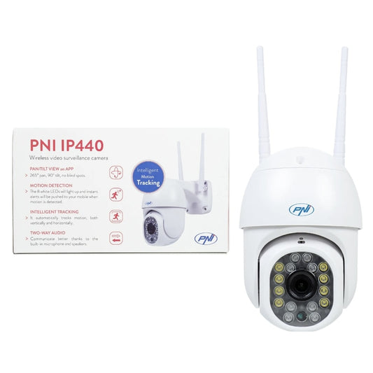 Camera de supraveghere smart, IP66, inteligenta PNI, 4MP, Wi-Fi, wireless, rotativa, slot micro SD, alarma detectare miscare, zoom, interior, exterior, Ethernet, temperaturi -26 pana la +80