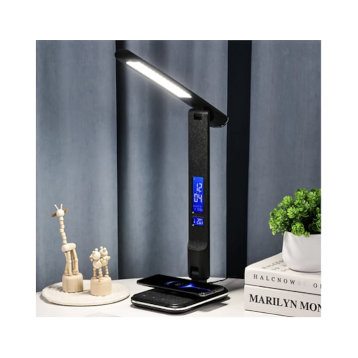 Veioza LED Hoff Noire, 5.5 W, 430 lm, lumina calda, neutra, rece, dimabil, incarcator wireless, afisare temperatura, ceas, data, alarma, negru, modern