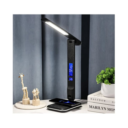 Veioza LED Hoff Noire, 5.5 W, 430 lm, lumina calda, neutra, rece, dimabil, incarcator wireless, afisare temperatura, ceas, data, alarma, negru, modern