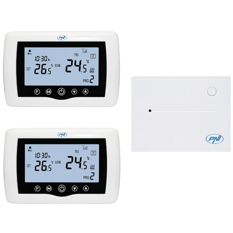 Termostat de ambient pentru centrala, wireless, PNI, inteligent, Wi-Fi, 100 m, programabil, afisaj digital, protectie inghet, IP30, alb, control 5 - 35 grade, acuratete 0.1 grade, 230V, 4 programe