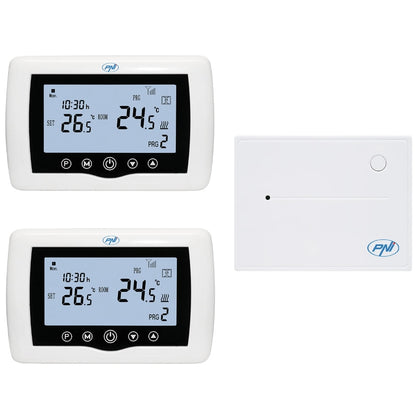 Termostat de ambient pentru centrala, wireless, PNI, inteligent, Wi-Fi, 100 m, programabil, afisaj digital, protectie inghet, IP30, alb, control 5 - 35 grade, acuratete 0.1 grade, 230V, 4 programe